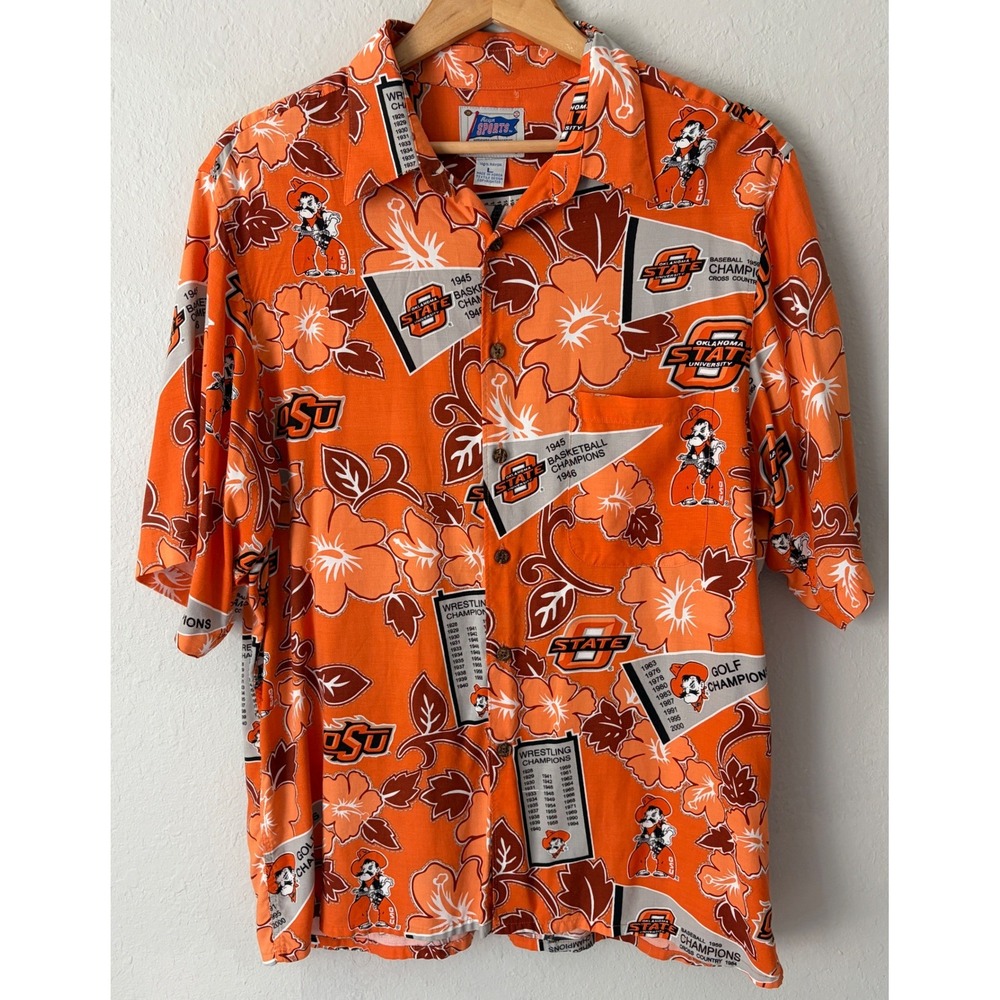 Reyn Spooner Mens Oklahoma State OSU Aloha Shirt Large Orange Hibiscus Print